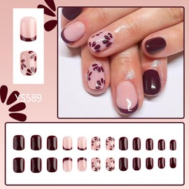 Autumn Flower Press on Nails Short Square Fake Nails Dark Red False Nails Press ons with Floral Design Reusable Artificial Nails Glossy Full Cover Glue on Nails Stick on Nails for Women Manicure 24Pcs