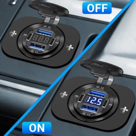 Upgraded 12 V USB Socket - 4 in 1 Car Charger Adapter with QC3.0 Aluminium Charging Socket with Voltmeter for Car Boat Marine Truck Golf RV