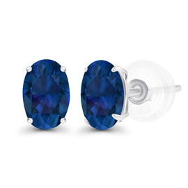 Solid 14K White Gold 7x5mm Oval Created Blue Sapphire September Birthstone Genuine Stud Earrings For Women