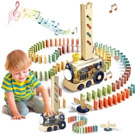 Fun-Filled Domino Train Toy Set – Automatic Laying Domino Train with 80 PCS Colourful Dominoes, Colourful Lights, Adjustable Direction, Innovative Barrier Placing for Creative Play (Cute Yellow)