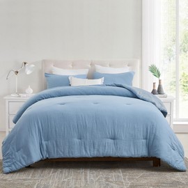 Finlonte Cotton Queen Comforter Set - Sky Blue Queen Size Comforter, Gauze Cotton Comforter, Muslin Quilted Comforter, Fluffy Cloud Soft Bedding, 1 Comforter (90"x90") and 2 Pillow Cases (20"x26")