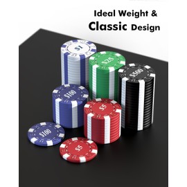 HEITOK Poker Set with Denominations, 300-pcs 11.5g Weighted Numbered Chips, 5 Dice, 2 Decks with Compact Aluminum Case for Texas Hold'em, Blackjack, Age 8 and Plus