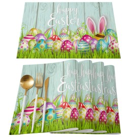 Easter Placemats Set of 6, Cotton Linen Heat Resistant Table Mats Non-Slip Washable Happy Easter Colorful Eggs Rabbit Wood Grain Placemat for Holiday Banquet Dining Kitchen Table Decor