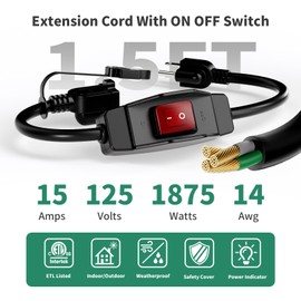 KASONIC 3 Prong Extension Cord with Switch, 1875W 15A Grounded Outlets with Safety Cover, 14/3 SJTW Cable On Off Waterproof Switch for Indoor Outdoor Use (1.5 FT)