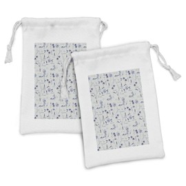 Lunarable Vintage Beach Fabric Pouch Set of 2, Aloha Paradise Summer Thailand Related Palm Tree Surfboard Items, Small Drawstring Bag for Toiletries Masks and Favors, 9" x 6", Pale Sage Green Indigo