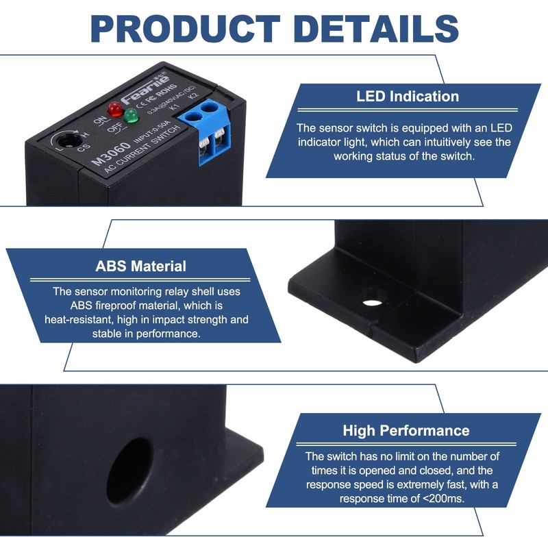 MECCANIXITY Miniature Current Switch 0-50A Normally Open AC Current Sensing