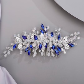 Chargances Wedding Crystal Hair Comb Bridal Leaf Pearl Hair Vine Side Comb Rhinestone Beaded Hair Accessories Headpiece for Wedding Prom Festival Bridesmaid for Women and Girls (Royal Blue)