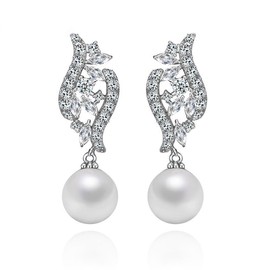 TreasureBay Elegant Pearl & CZ Crystal Drop Earrings for Women, 10mm Pearl Dangle Earrings, White Gold Plated