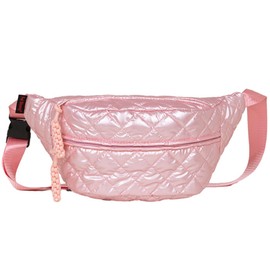 TWO KAT Metalic Quilted Chest Fanny Pack Crossbody Bag with Multi Pockets & Adjustable Strap, Fashionable Men Women Sling Backpack, Casual Waist Belt bag (Pink)