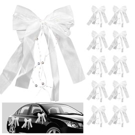 SNAIL GARDEN Pack of 10 Car Bows Wedding XXL Set - Handmade Satin Ribbon Decoration with Pearl Chains & Multilayer Tulle (30 x 16 cm) Paint-friendly Wedding Decoration for Car White