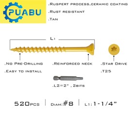 Tan#8 * 1 * 1/4"*520pcs。Deck Wood Screws. Rust-Proof, Torx/Star Drive Head Deck Screws, T25 Star Drill Head, Brown, Send T-25 Star Drive Drill bit.
