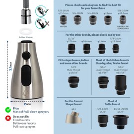 Kitchen Faucet Head Replacement – Pull-Down Sprayer for Moen, Delta| 3-Mode Sink Faucet Spray Head with 15 Adapters, Brushed Nickel, Kitchen Sink Sprayer Replacement.