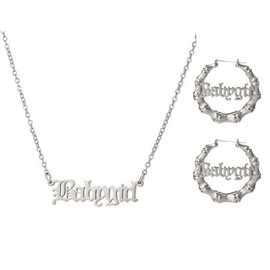 BELUCKIN Hip Hop Gold Bamboo Hoop Earrings for Women Stainless Steel Babygirl Letter Pendant Necklace 80s/90s Costume Accessory Party Jewelry Set (B: silver)