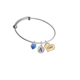 Delight Jewelry Goldtone Large Coach Heart with Crystal - Crystal Heart and Pebble Initial Custom Charm Bangle Bracelet