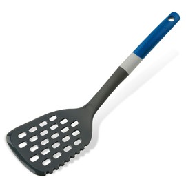 Tasty Slotted Turner with Cutting Function - Ideal for Roasting and Turning, Plastic Handle, Cutting Edge, for Non-Stick Pans, 34 x 9.5 cm, Grey/Blue