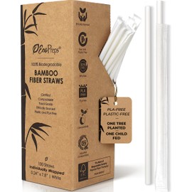 EcoPreps Biodegradable Bamboo Fiber Straws, Compostable Individually Wrapped Straws | 100 Count, 100% Plastic-Free, Eco-Friendly Drinking Straw | 7.8'' Plant Fiber Disposable Straw in White Paper Wrap