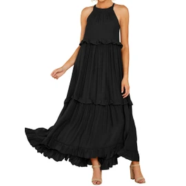 R.Vivimos Womens Summer Dress Cotton Sleeveless Halter Layered Ruffles Casual Boho Flowy Maxi Dress (Large, Black)