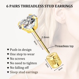 Threadless Flat Back Stud Earrings, 6 Pairs Titanium Hypoallergenic Earrings for Women Men, Cubic Zirconia Silver Gold Stud Earrings Surgical Stainless Steel Stud Earrings Set for Cartilage 2-8mm (Gold-4mm)