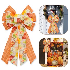 Threetols Large Fall Bow for Wreath, Orange Buffalo Plaid Wreath Bows Maple Leaf Bow for Front Door, Autumn Farmhouse Ornament Tree Topper Bows for Thanksgiving Indoor Outdoor Decoration