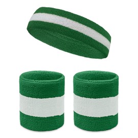 COUVER Sweatband Set Sports Headband Wristband Set Terry Cloth Moisture Wicking Sweat Absorbing Wrist Sweatbands Head Sweatband, White / Green
