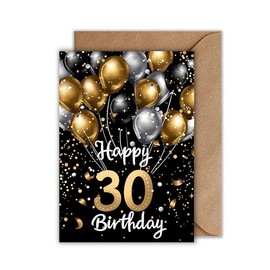 WBdesignz Birthday Card with Envelope - Elegant Birthday Card for 30 Years Happy Birthday Black Gold Balloons 30th Birthday (A6)