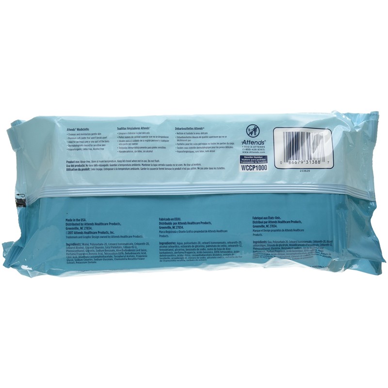 Attends Washcloths No-Rinse Disposable Cleansing Wipes for Incontinence, 7.8"x11.8", Hypoallergenic