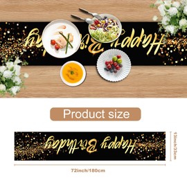 Elegant Black and Gold Happy Birthday Table Runner – 13x72 Inch Birthday Table Decor with Glitter Design, Modern Party Decoration for Dining Table, Buffet, or Celebration Setup