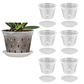 Orchid Pots 6 Pack, 4 Inch Clear Orchid Pots with Holes & Saucers, Plastics Breathable Slotted Orchid Planter Indoor Outdoor