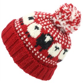 Loud Hats Wool Knit Bobble Beanie Hat Sheep Pattern & Black Sheep - Red White, One Size