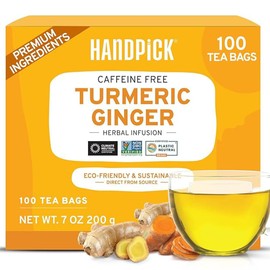 HANDPICK, Turmeric Ginger Tea Bags (100 Herbal Tea Bags) Caffeine Free, Gluten Free | Made from 100% Pure Turmeric & Ginger Root | Curcumin-Rich | Packed in Eco-Friendly Tea Bags
