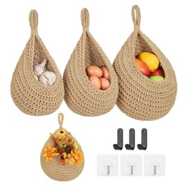 Boho Wall Hanging Fruit Baskets for Kitchen 3 Pack Woven Produce Holder with 6 Pcs Strong Hooks Vegetable Hanging Basket for Organizing Teardrop Home Wall Potato Onion Storage, Linen