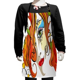 Ambesonne Abstract Apron, Portrait of The Young Woman with Red Hair and Blooming Flowers and Make up Art, Small Apron Bib with Adjustable Ties for Baking Painting, Small Size, Multicolor