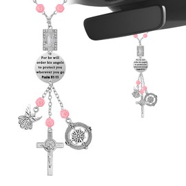 ZNDAW Car Rosary for Rearview Mirror, Cross Charm Religious Auto Mirror Hanging Ornament with Rose Beads, Blessing Pendant Psalm 91: 11 Bible Verse Interior Decor for New Driver