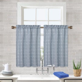 CAROMIO Farmhouse Kitchen Curtains 36 Inch Length Short Boho Linen Small Window Curtains for Cafe Bathroom Basement (Blue, 2 Panels)