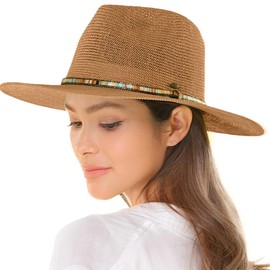 C.C Panama Hat with Multi Thread and Rhinestone Trim Band - for Women (60% Paper, 40% Polyester, Dk. Natural)