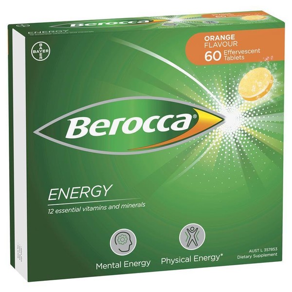 Berocca Energy Vitamin B & C Orange Flavour Effervescent Tablets 60 Pack Exclusive Size