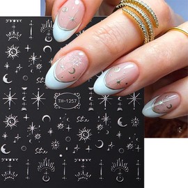 TBRZTR 6 Sheet Silver Nail Art Stickers Decals 3D Self-Adhesive Vintage Sun Nail Decals Self-Adhesive Nail Art Supplies Butterfly Moon Stars Nail Accessories for Women Manicure Decorations Design