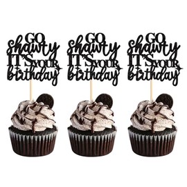 24PCS Go Shawty It's Your Birthday Cupcake Toppers Hip Hop Happy Birthday Banner Sign for Women Men Adult Her Funny 21st 30th 40th 50th 60th 80th Rap Theme Birthday Party Supplies black