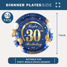 MORAINJAY 16Pcs Birthday Plates for 30,Navy Blue 7inch Paper Plates for 30th Birthday Party, Small Paper Plates for Men Women Her Him,Birthday Party Supplies Table Decor