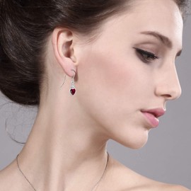 Gem Stone King 14K White Gold Red Created Ruby and White Created Sapphire French Wire Dangle Hook Earrings For Women (2.18 Cttw, Gemstone July Birthstone, Heart 6MM, Round 3MM)