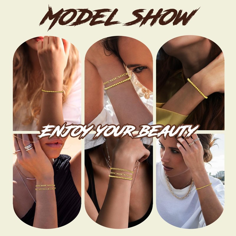 Gold Bracelets for Women, Dainty 14K Gold Plated Stackable Link,