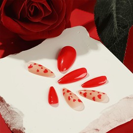 Valentine's Day Press on Nails Almond Length French Fake Nails Red False Nails with Love Heart Design Full Cover Artificial Acrylic Nails Set Women Glue on Nails Stick on Nails for Nail Art 24 Pcs