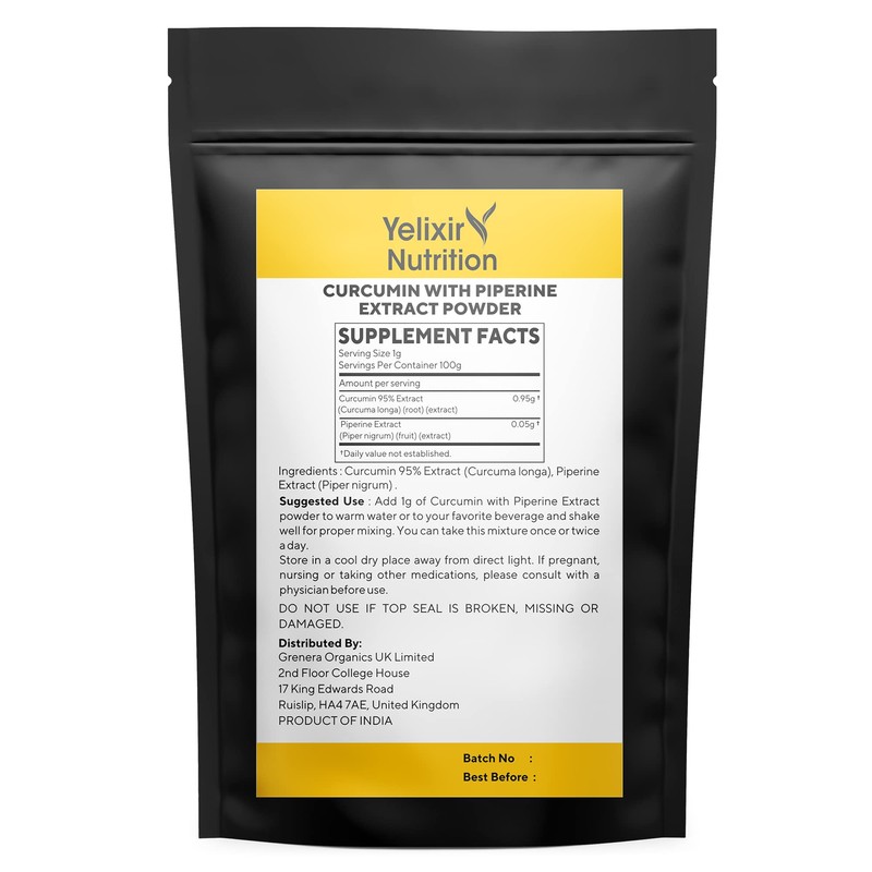 Yelixir Nutrition 95% Curcumin Extract with Piperine Extract Powder 100