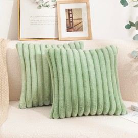 Uhomy Set of 2 Faux Fur Home Decorative Throw Pillow Cover Luxury Super Soft Fuzzy Striped Furry Pillowcase for Sofa Couch Bedroom Comfy Thick Fluffy Plush Cushion Cover 20x20 Inch Sage Green 50 cm