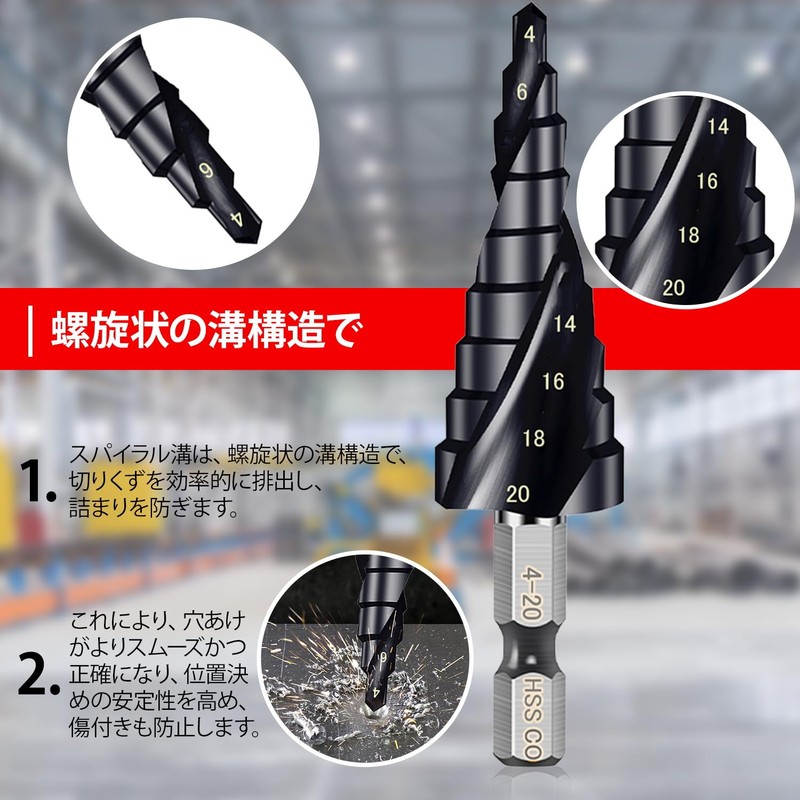 Step Drill, Titanium Nitride Aluminum Coating, HSS-Co M35, Hexagonal Shank,