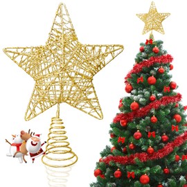 Christmas Tree Topper Star Gold, Glitter Christmas Tree Topper Star Metal Christmas Tree Decoration with Sequins, Pentagram Christmas Tree Star Topper for Home Christmas Tree Decoration