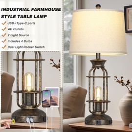 28" Vintage Table Lamps for Living Room, Industrial Farmhouse Table Lamp with USB C+A Ports & Outlet, Rustic Nightstand Bedside Lamps with 2 Night Light for Bedroom End Tables Bronze, 4 Bulbs Included