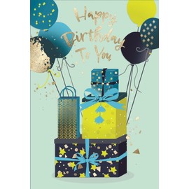 Open Male Birthday Card - Blue Yellow Presents Balloons and Gold Foil 7.75x5.25"