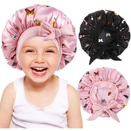 2 PCS Kids Bonnets for Girls,Toddler Bonnet with Tie Band,Silk Bonnet for Sleeping Kids, A