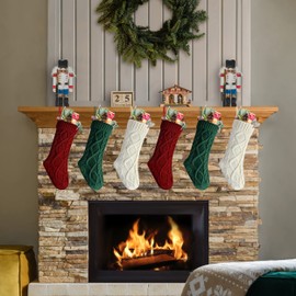 Kunyida Christmas Stockings 20 Inch Burgundy, Ivory, Green Cable Knit Xmas Stockings for Family Christmas Decoration, 6 Pack